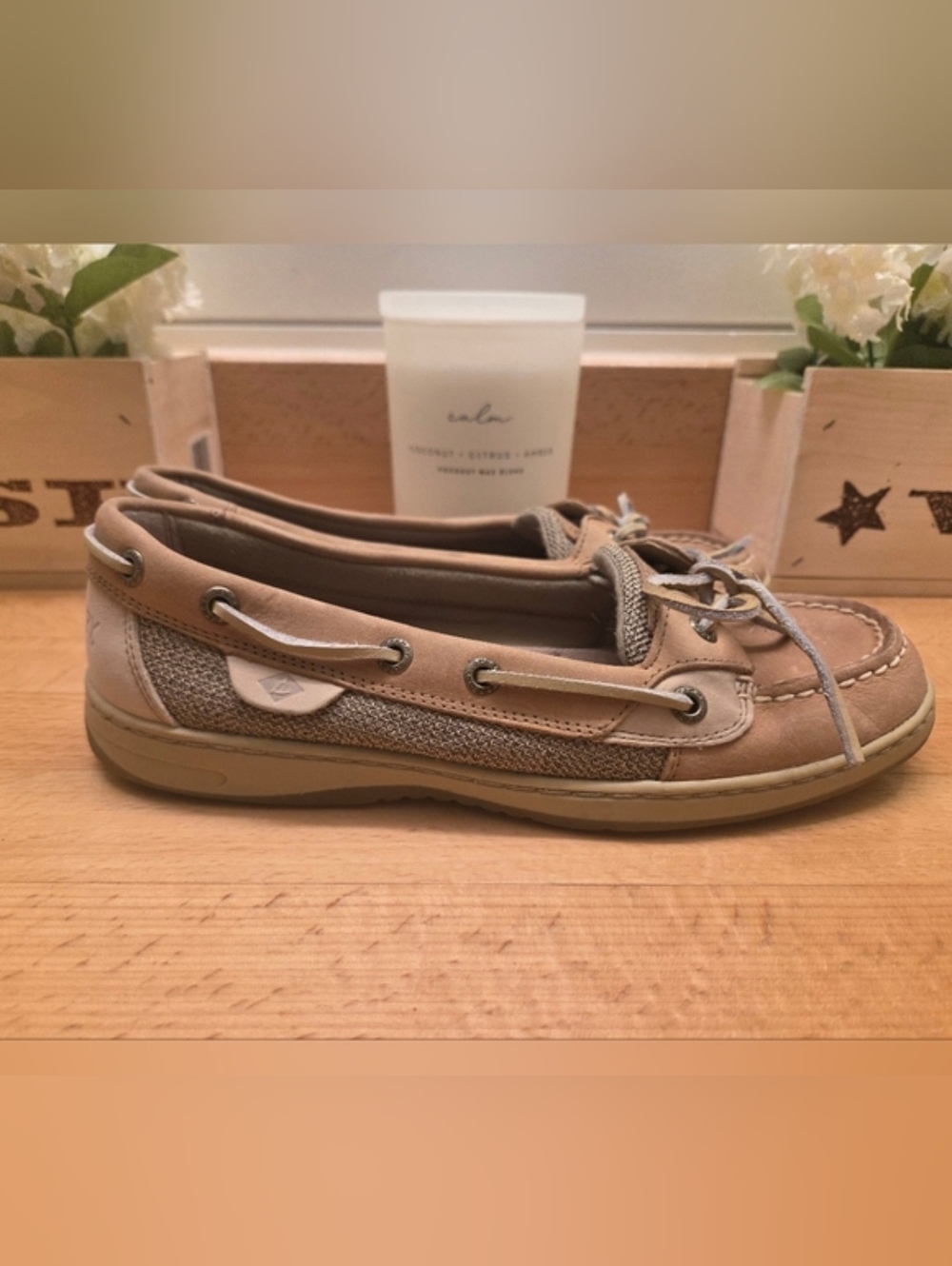 Sperry Top-Sider Angelfish Boat Shoes Tan linen/Oat Genuine Leather Women's Sz 8